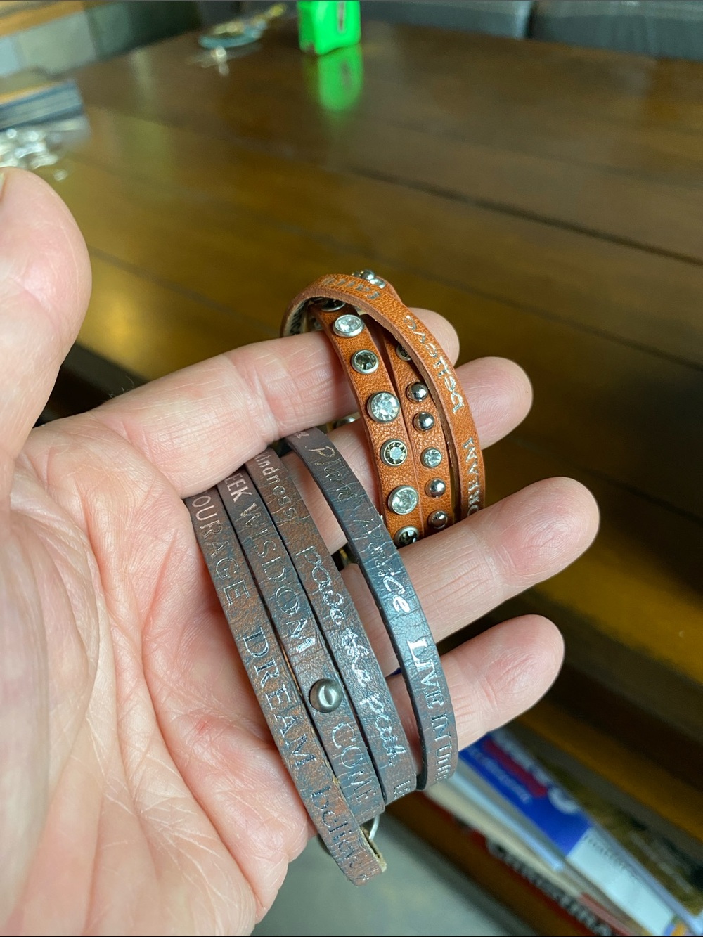 Lot of 2 GOOD WORKS Leather Bracelets Magnet/Buckle Closures SJ Words/Phrases
